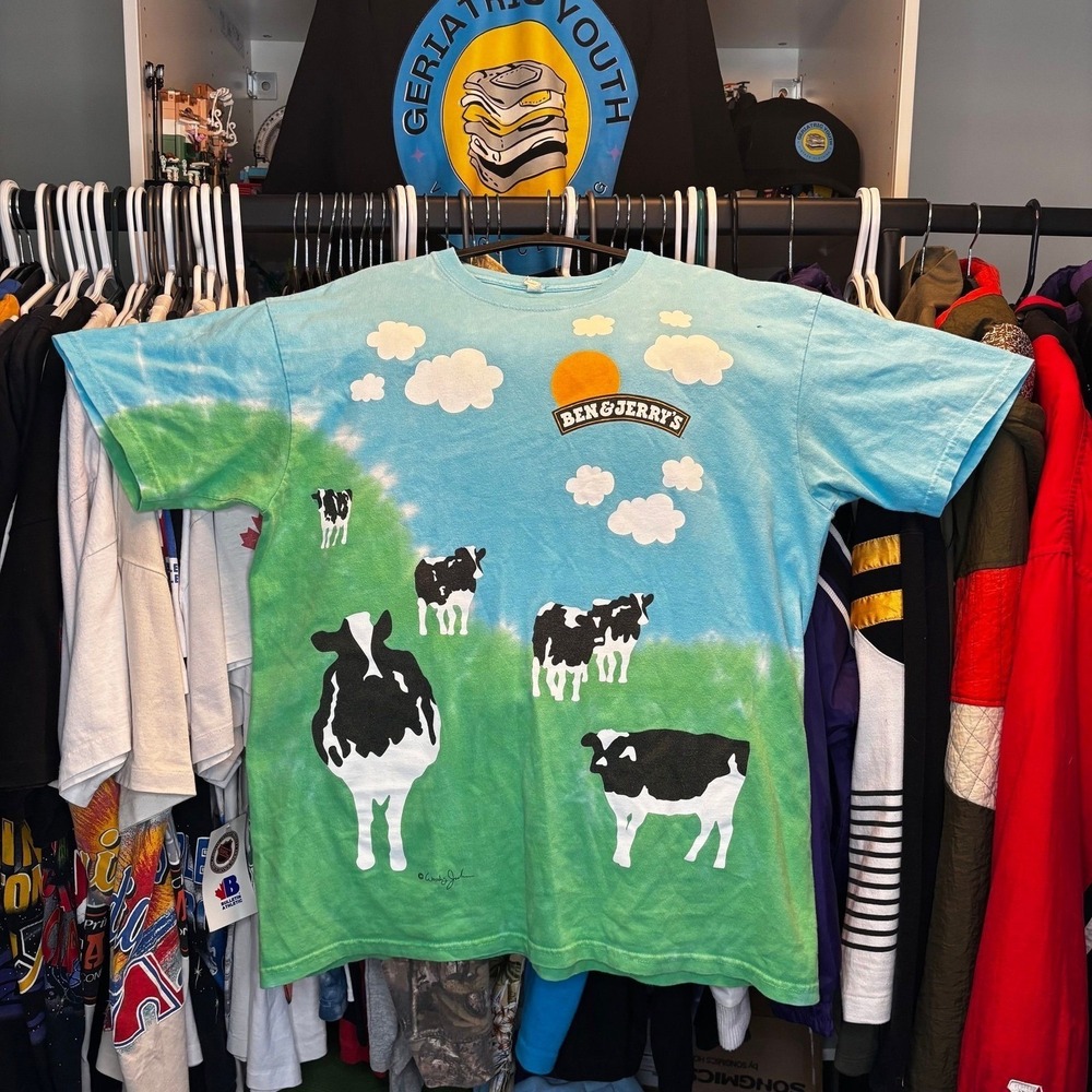 Vintage Ben & Jerry's Euphoria Cow AOP Graphic T Shirt XL Ice Cream Farm Tee